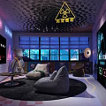 Modern Cyberpunk Interior With Neon Lights Radiation Sign Bean Bag Sofas Round Rug And Posters
