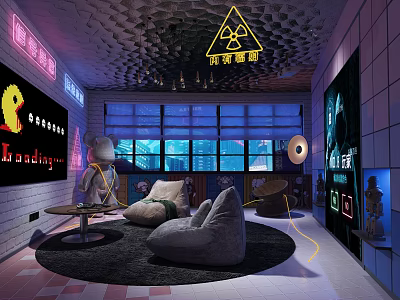 Modern Cyberpunk Interior With Neon Lights Radiation Sign Bean Bag Sofas Round Rug And Posters 3d model