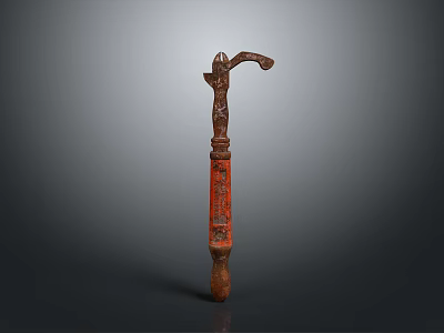 Antique Carved Wooden Tool With Red Brown Finish And Intricate Design 3d model