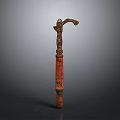 Antique Carved Wooden Tool With Red Brown Finish And Intricate Design