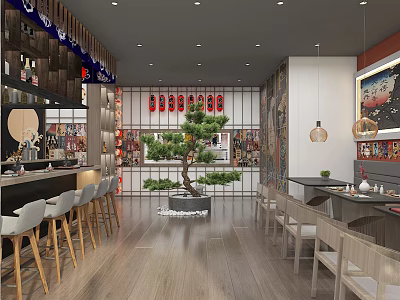 Modern Restaurant Interior With Bar Counter High Chairs Central Pine Tree And Dining Tables 3d model