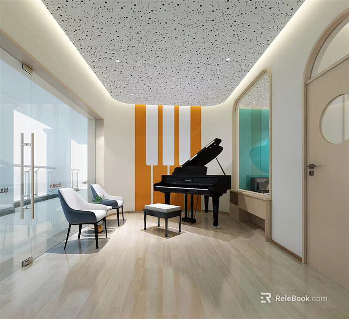 Kindergarten Interior With Black Piano Orange White Striped Wall Blue Glass Partition And White Chairs 3d model 