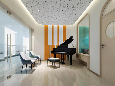 Kindergarten Interior With Black Piano Orange White Striped Wall Blue Glass Partition And White Chairs 3d model