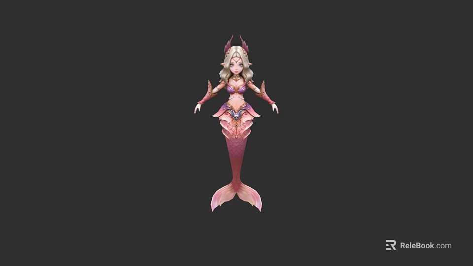 Fantasy Mermaid Game Movie Character With Pink Tail Blonde Hair And Decorative Horns 3d model 