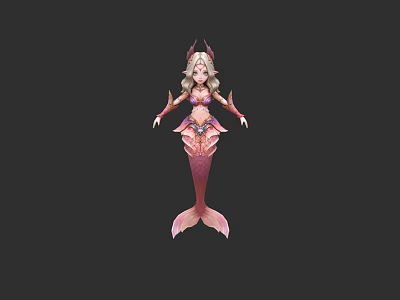 Fantasy Mermaid Game Movie Character With Pink Tail Blonde Hair And Decorative Horns 3d model