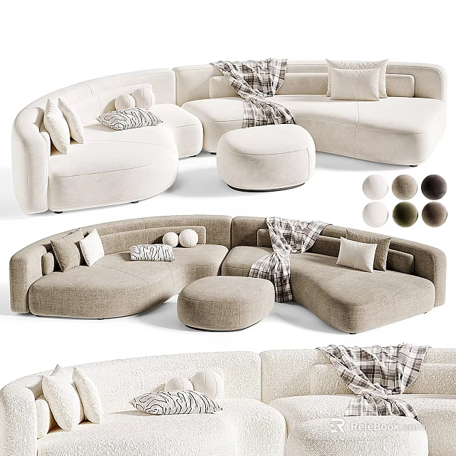 Sectional Sofa With Curved Design Ottoman Pillows Plaid Blanket And Color Options 3d model 