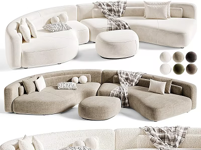 Sectional Sofa With Curved Design Ottoman Pillows Plaid Blanket And Color Options 3d model