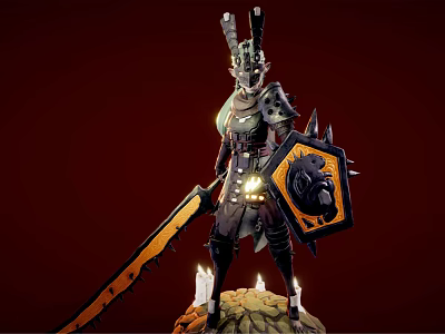 Mythical Game Character With Horned Armor Saw Sword Shield Stone Base Candles On Red Background 3d model