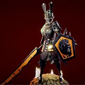Mythical Game Character With Horned Armor Saw Sword Shield Stone Base Candles On Red Background