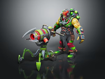 Green Red Armored Warrior With Yellow Skin And Green Legged Red Core Mechanical Spider Creature 3d model