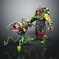Green Red Armored Warrior With Yellow Skin And Green Legged Red Core Mechanical Spider Creature