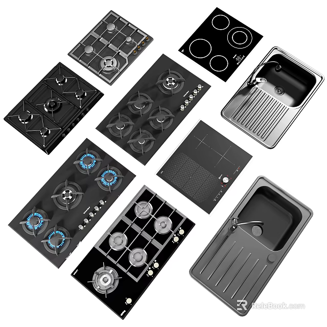 Stylish Modern Kitchen Appliances Featuring Gas Hobs Induction Cooktops And Sinks 3d model 