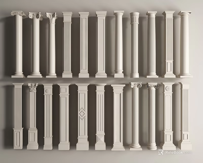 Various Styles of White Decorative Architectural Columns Arranged in Multiple Rows 3d model 
