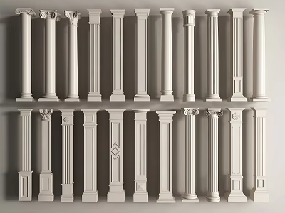 Various Styles of White Decorative Architectural Columns Arranged in Multiple Rows 3d model