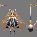 Game Movie Character With Twin Braids Traditional Blue White Dress Gold Patterns Decorative Brush Weapons