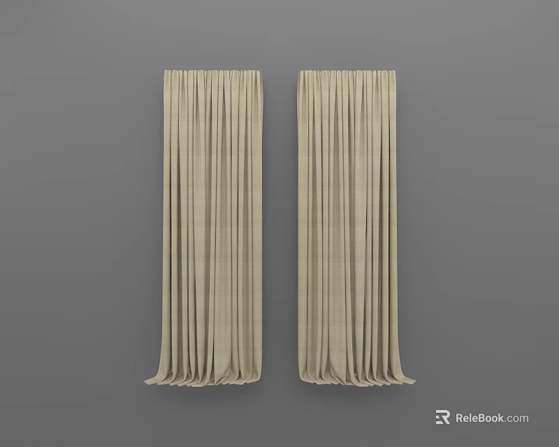 Two Panel Beige Textured Curtains With Elegant Draped Design Against Grey Background 3d model