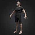 Muscular Man In Black Tight Fitting Shirt And Shorts Barefoot On Dark Background
