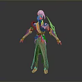 Futuristic Biomechanical Character With Silver Armor Green Red Accents And Long Tunic