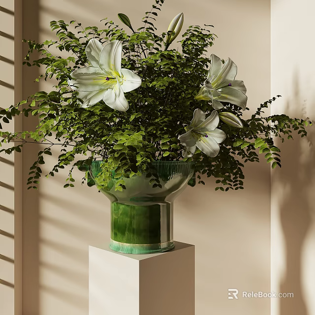 Hanging Basket Plants With White Lilies And Green Leaves For Elegant Modern Indoor Home Decor 3d model 