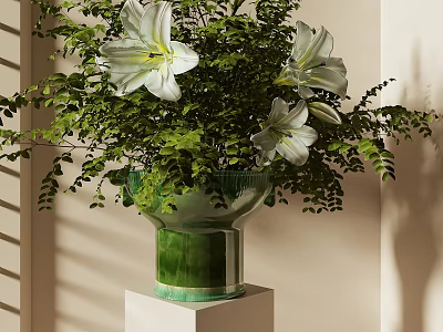 Hanging Basket Plants With White Lilies And Green Leaves For Elegant Modern Indoor Home Decor 3d model