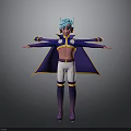 Anime Character 3D Model With Blue Green Hair Purple Cape And Open Arms Pose