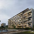 Modern Multi Story Residential Building With Balconies Swimming Pool And Lush Greenery