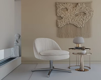 Modern Beige Lounge Chair With Metal Base And Small Side Table Lamp Woven Wall Art 3d model