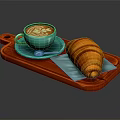 Creamy Latte Coffee With Latte Art In Blue Cup And Croissant On Red Cutting Board