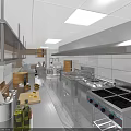 Restaurant Commercial Kitchen Featuring Stainless Steel Worktables Mixer Bamboo Steamers Range Hood And Tile Walls