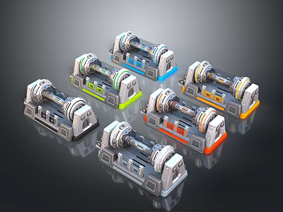 Multiple Futuristic Mechanical Weapon Designs With Colorful Components And Base Structures 3d model