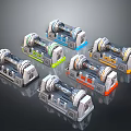 Multiple Futuristic Mechanical Weapon Designs With Colorful Components And Base Structures