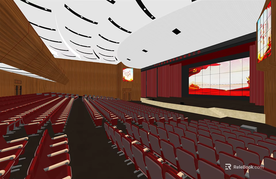 Modern Spacious Conference Room With Red Seats Large Screen Wooden Walls And Ceiling Design 3d model 