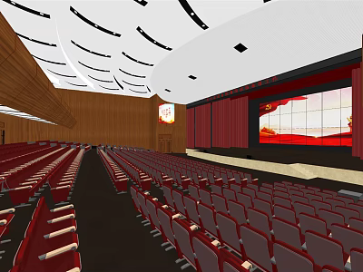 Modern Spacious Conference Room With Red Seats Large Screen Wooden Walls And Ceiling Design 3d model