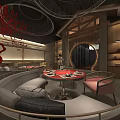 Modern Chinese Restaurant Interior With Red Plum Decor Round Dining Table Sofa And Wine Racks 3d model