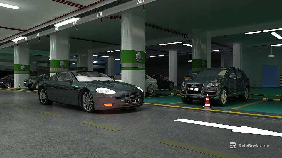 Indoor Parking Garage Featuring Parked Cars Green Ring Columns And Floor Markings 3d model 