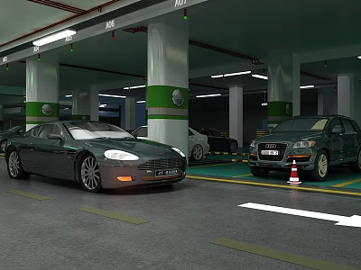 Indoor Parking Garage Featuring Parked Cars Green Ring Columns And Floor Markings 3d model