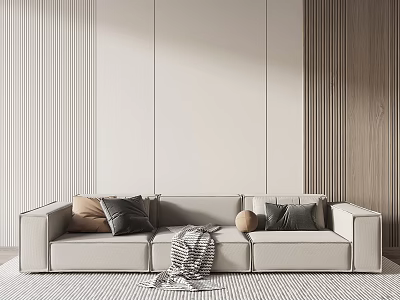 Light Colored Three Seater Sofa with Throw Pillows Blanket Vertical Striped Wall and Wooden Rug 3d model