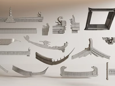 Traditional Ornate Architectural Components With Lion Statues Railings Eaves And Frames 3d model