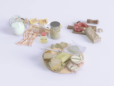 Assorted Food Items Including Milk Butter Bread Grains Meat And Cheese On Cutting Board 3d model