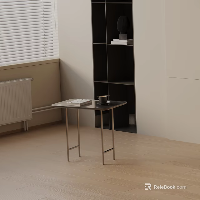 Minimalist Side Table With Books And Coffee Cup Near Black Shelf By Window With Blinds On Light Floor 3d model 