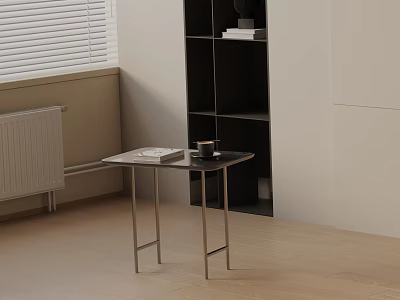 Minimalist Side Table With Books And Coffee Cup Near Black Shelf By Window With Blinds On Light Floor 3d model