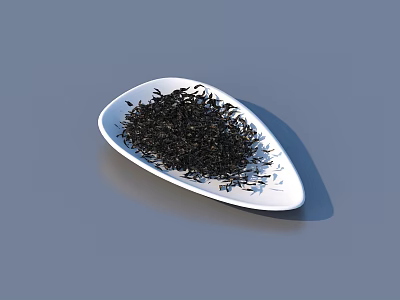 Fresh Black Tea Leaves Filled in White Leaf Shaped Plate on Gray Background 3d model