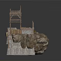 Ancient City Wall Tower 3D Model With Wooden Scaffolding Stone Structure And Grass Details