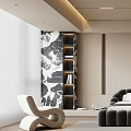 Modern Bedroom Interior Design With Black Tufted Bed Beige Walls Hanging Lamp And Bookshelves