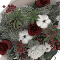 Decorative Ornament Arrangement with Red Roses Green Leaves Berries Pinecones in Cylindrical Box Red Ribbon