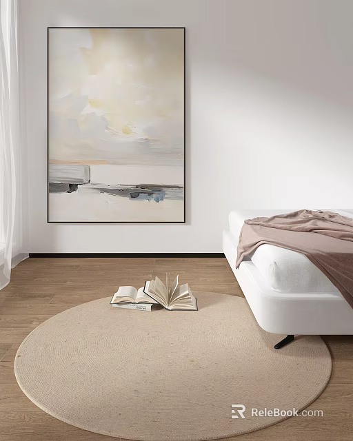 Serene Bedroom Interior With Large Abstract Painting White Bed And Open Book On Rug 3d model 