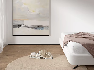 Serene Bedroom Interior With Large Abstract Painting White Bed And Open Book On Rug 3d model