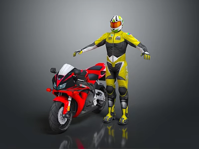 Red Black and White Sport Motorcycle With Rider in Yellow Racing Suit and Helmet 3d model