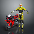 Red Black and White Sport Motorcycle With Rider in Yellow Racing Suit and Helmet
