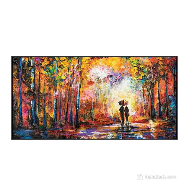 Colorful Oil Painting of Two People with Umbrella in Rainy Forest Sunlight Through Trees 3d model 